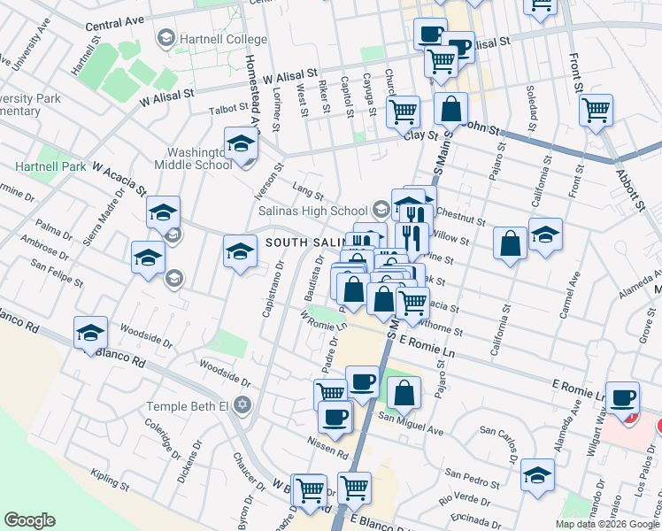 map of restaurants, bars, coffee shops, grocery stores, and more near 120 West Acacia Street in Salinas