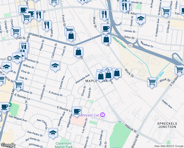 map of restaurants, bars, coffee shops, grocery stores, and more near 355 Abbott Street in Salinas