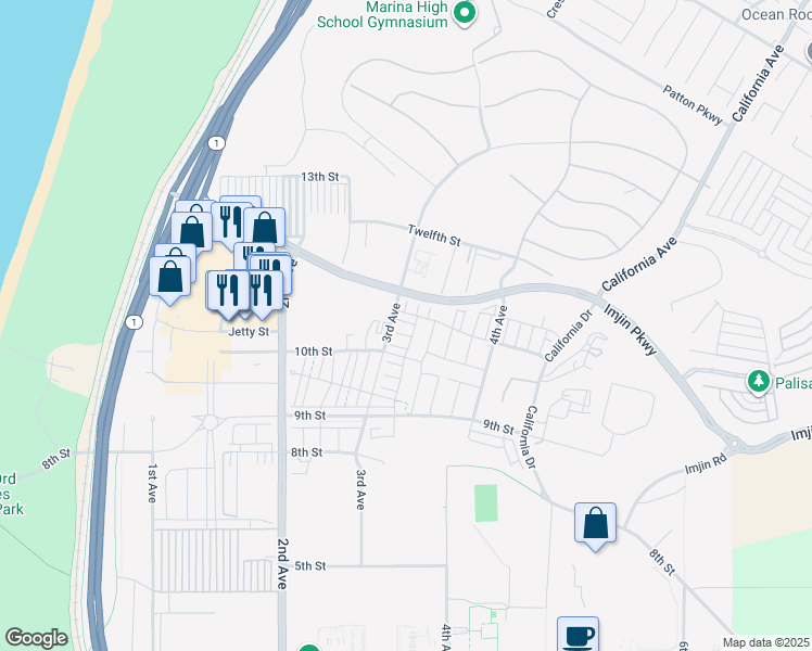 map of restaurants, bars, coffee shops, grocery stores, and more near 411 Bungalow Drive in Marina
