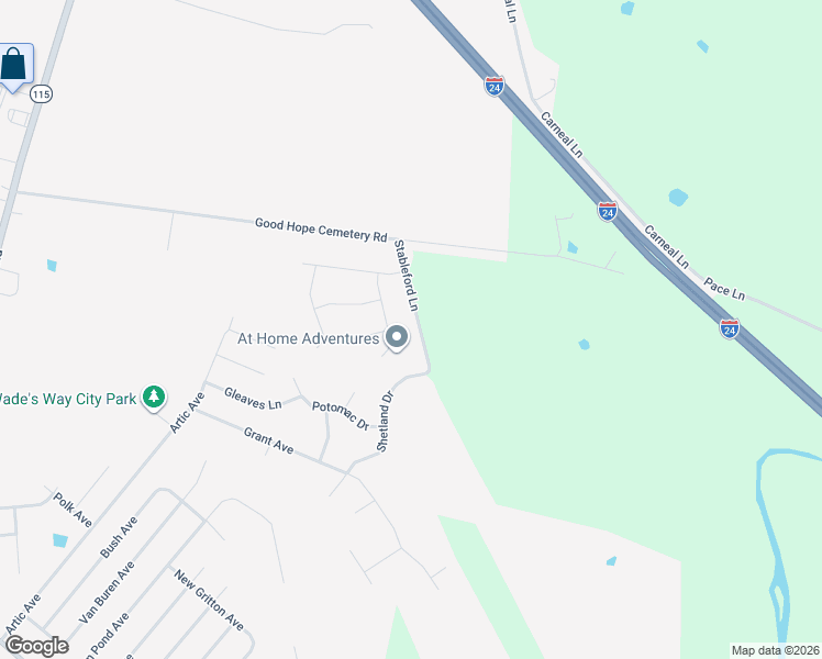 map of restaurants, bars, coffee shops, grocery stores, and more near Stableford Lane in Oak Grove