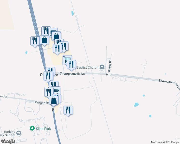 map of restaurants, bars, coffee shops, grocery stores, and more near 406 Thompsonville Lane in Oak Grove