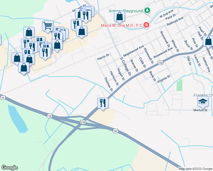 map of restaurants, bars, coffee shops, grocery stores, and more near 410 Thomas Street in Franklin