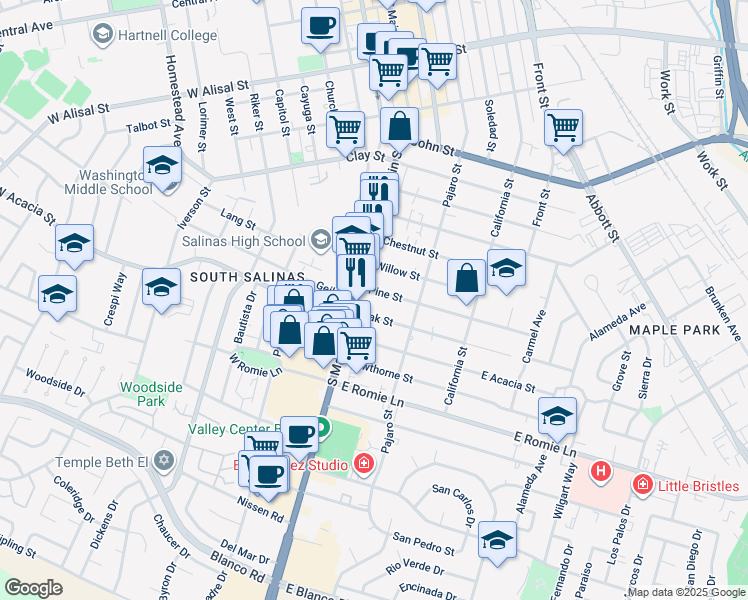 map of restaurants, bars, coffee shops, grocery stores, and more near 11 Pine Street in Salinas