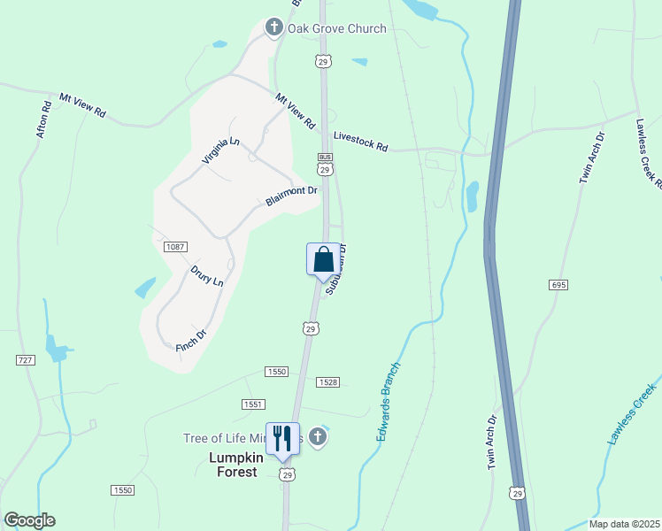 map of restaurants, bars, coffee shops, grocery stores, and more near 4047 Suburban Drive in Danville