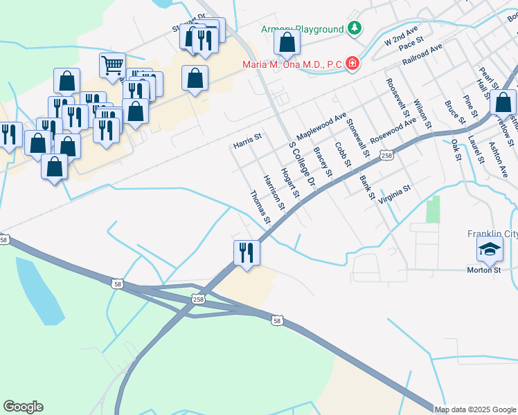 map of restaurants, bars, coffee shops, grocery stores, and more near 410 Thomas Street in Franklin