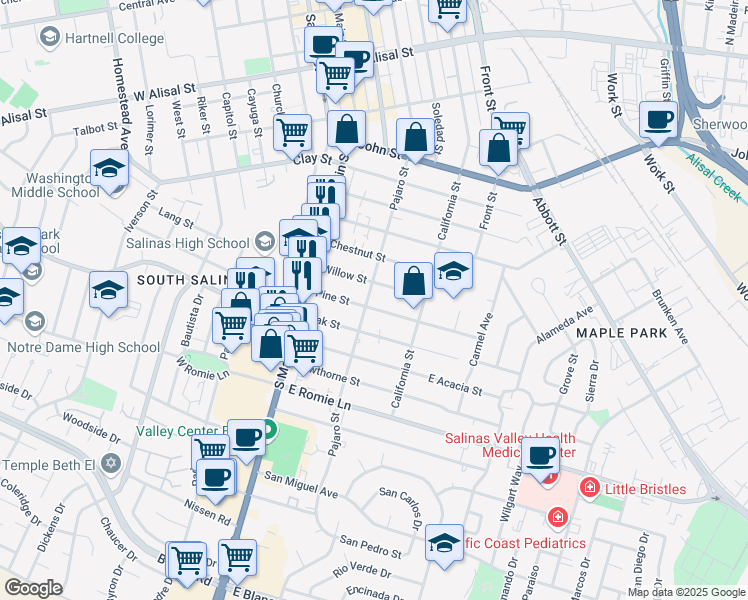 map of restaurants, bars, coffee shops, grocery stores, and more near 118 Willow Street in Salinas