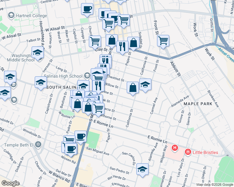 map of restaurants, bars, coffee shops, grocery stores, and more near 40 Willow Street in Salinas
