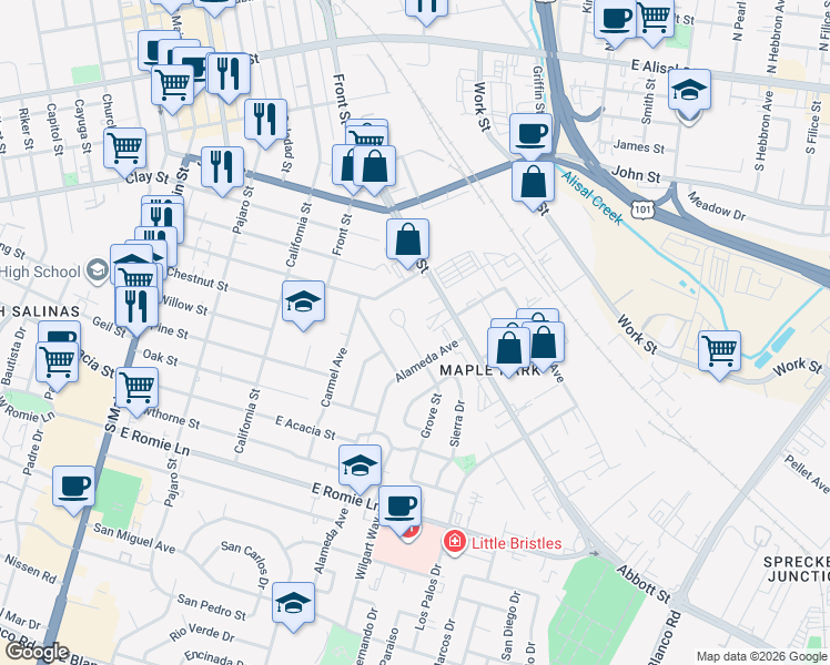 map of restaurants, bars, coffee shops, grocery stores, and more near 41 Grove Street in Salinas
