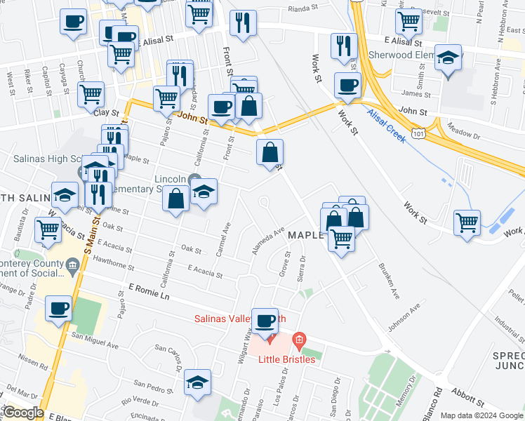 map of restaurants, bars, coffee shops, grocery stores, and more near 28 Grove Street in Salinas