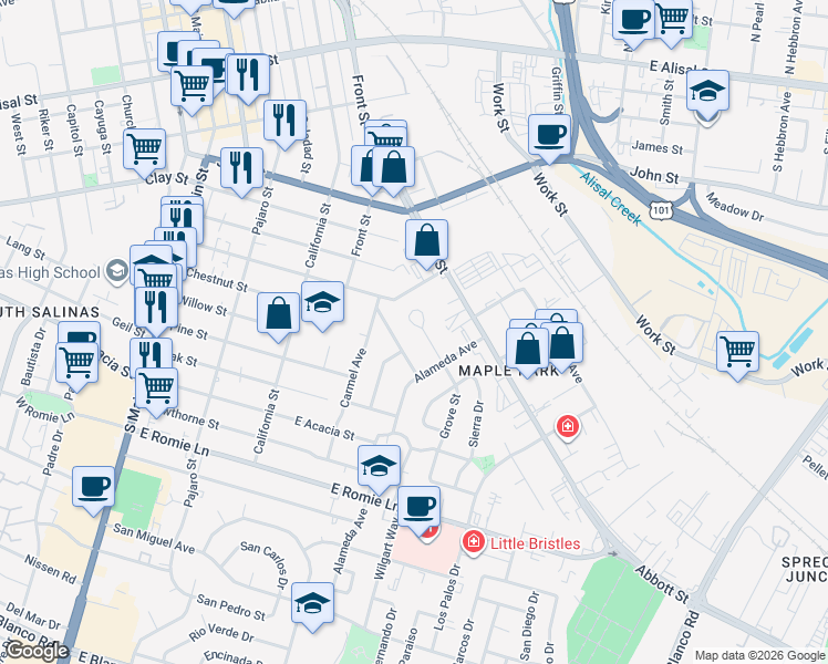 map of restaurants, bars, coffee shops, grocery stores, and more near 20 Grove Street in Salinas