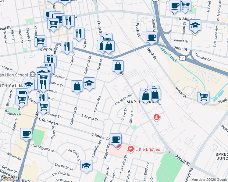 map of restaurants, bars, coffee shops, grocery stores, and more near 20 Grove Street in Salinas