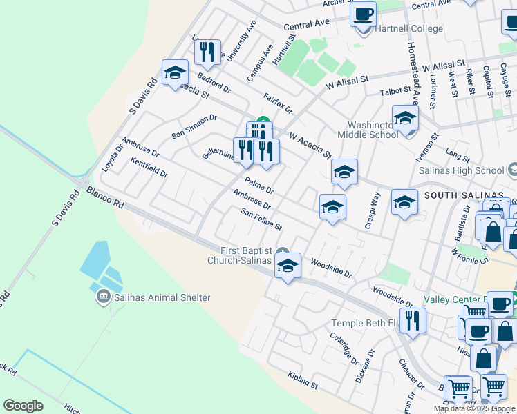 map of restaurants, bars, coffee shops, grocery stores, and more near 628 Ambrose Drive in Salinas