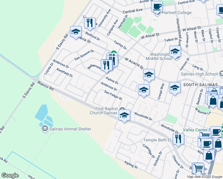map of restaurants, bars, coffee shops, grocery stores, and more near 628 Ambrose Drive in Salinas