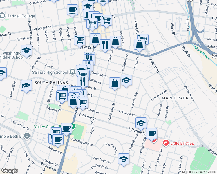 map of restaurants, bars, coffee shops, grocery stores, and more near 118 Willow Street in Salinas