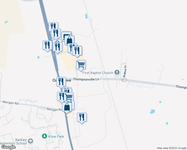 map of restaurants, bars, coffee shops, grocery stores, and more near Angela Lane in Oak Grove