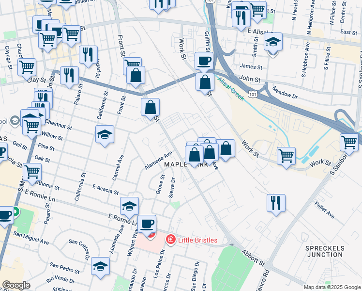 map of restaurants, bars, coffee shops, grocery stores, and more near 355 Abbott Street in Salinas