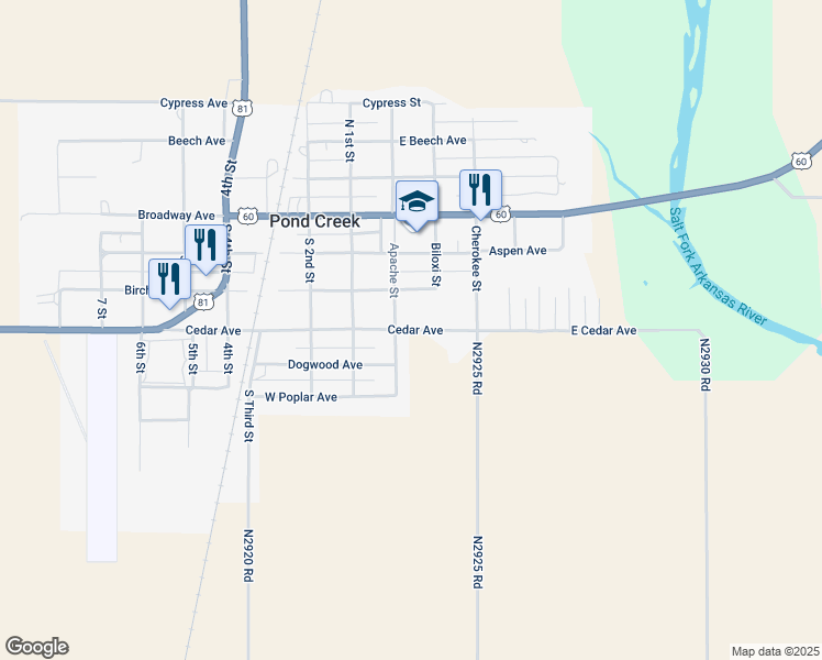 map of restaurants, bars, coffee shops, grocery stores, and more near 200 Cedar Avenue in Pond Creek