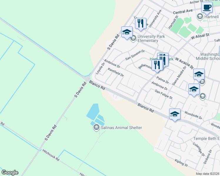 map of restaurants, bars, coffee shops, grocery stores, and more near 1135 Orinda Way in Salinas