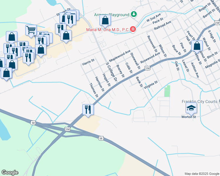 map of restaurants, bars, coffee shops, grocery stores, and more near 1908 South Street in Franklin