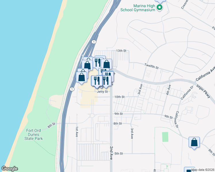 map of restaurants, bars, coffee shops, grocery stores, and more near 140 General Stilwell Drive in Marina