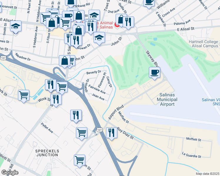 map of restaurants, bars, coffee shops, grocery stores, and more near 478 Carol Drive in Salinas