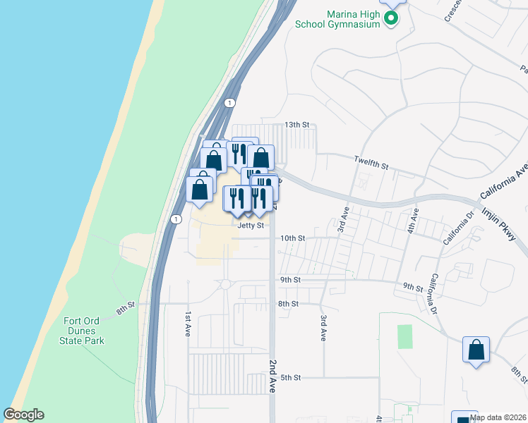map of restaurants, bars, coffee shops, grocery stores, and more near 140 General Stilwell Drive in Marina