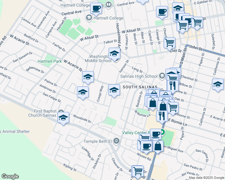 map of restaurants, bars, coffee shops, grocery stores, and more near 918 Iverson Street in Salinas