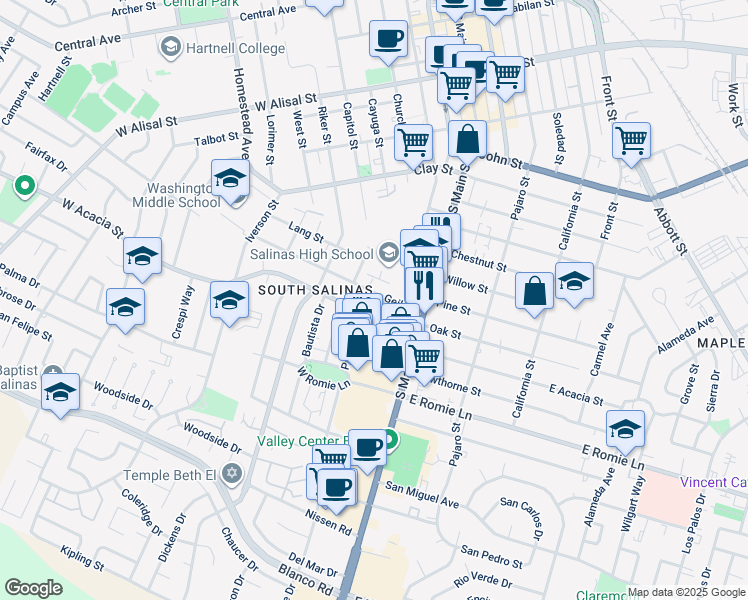 map of restaurants, bars, coffee shops, grocery stores, and more near 55 Geil Street in Salinas