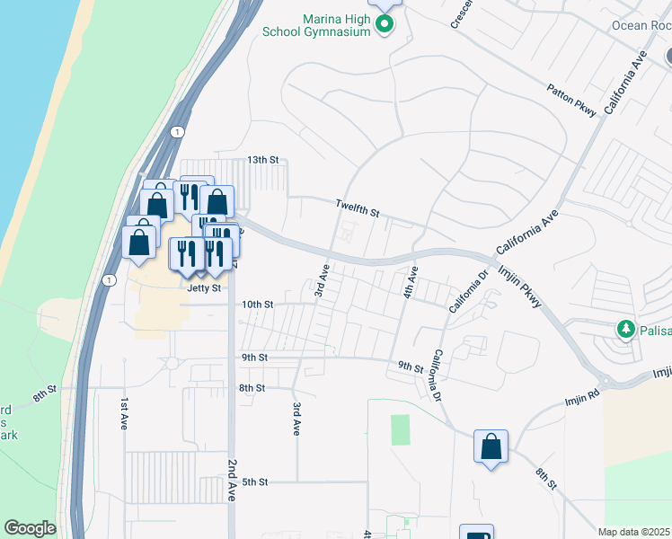 map of restaurants, bars, coffee shops, grocery stores, and more near 5001 Telegraph Boulevard in Marina