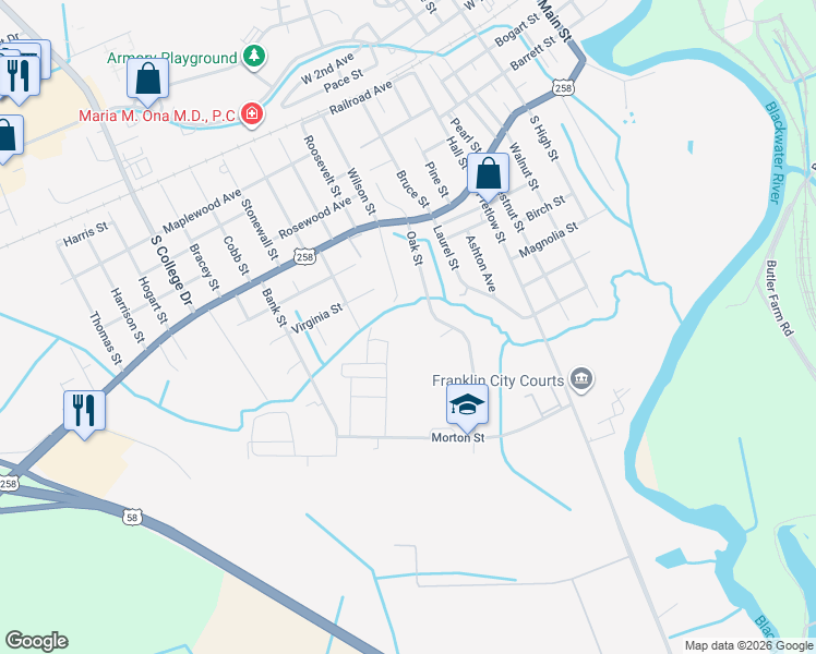 map of restaurants, bars, coffee shops, grocery stores, and more near 680 Oak Street in Franklin