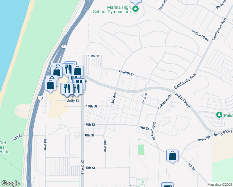 map of restaurants, bars, coffee shops, grocery stores, and more near 5001 3rd Avenue in Marina