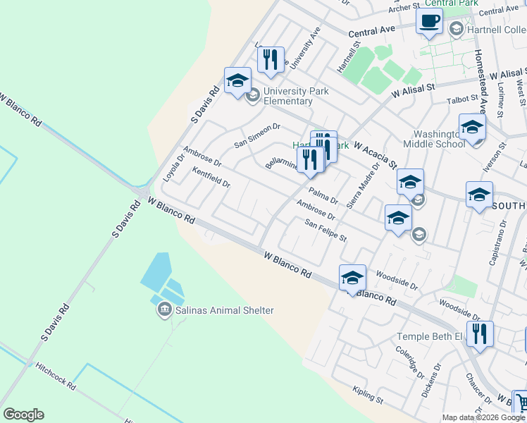 map of restaurants, bars, coffee shops, grocery stores, and more near 728 Montecito Way in Salinas