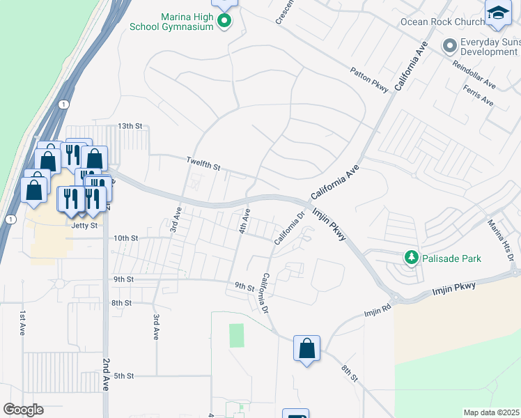 map of restaurants, bars, coffee shops, grocery stores, and more near 261 Beacon Drive in Marina