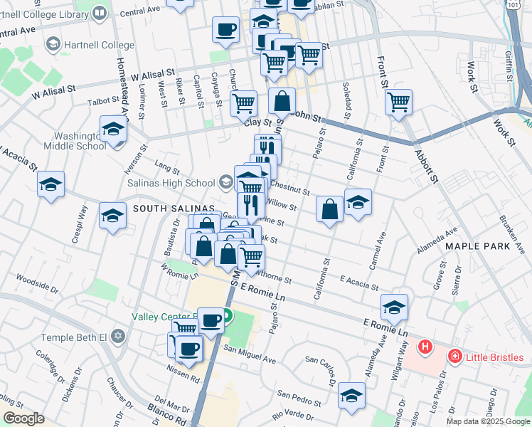 map of restaurants, bars, coffee shops, grocery stores, and more near 11 Pine Street in Salinas