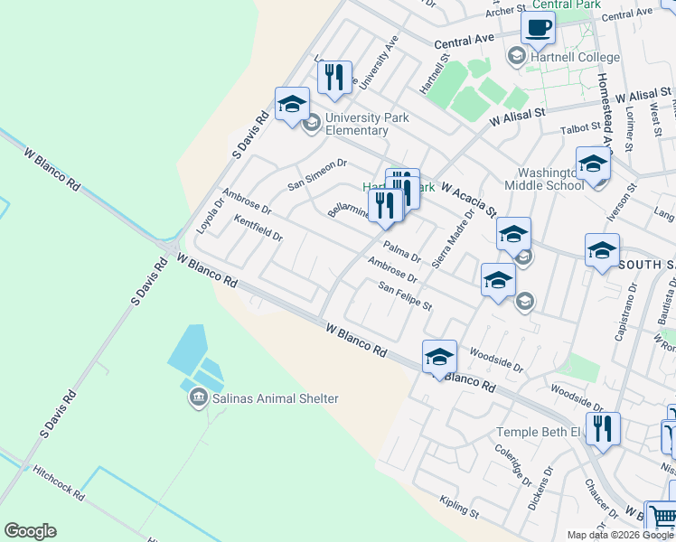map of restaurants, bars, coffee shops, grocery stores, and more near 702 San Leandro Circle in Salinas