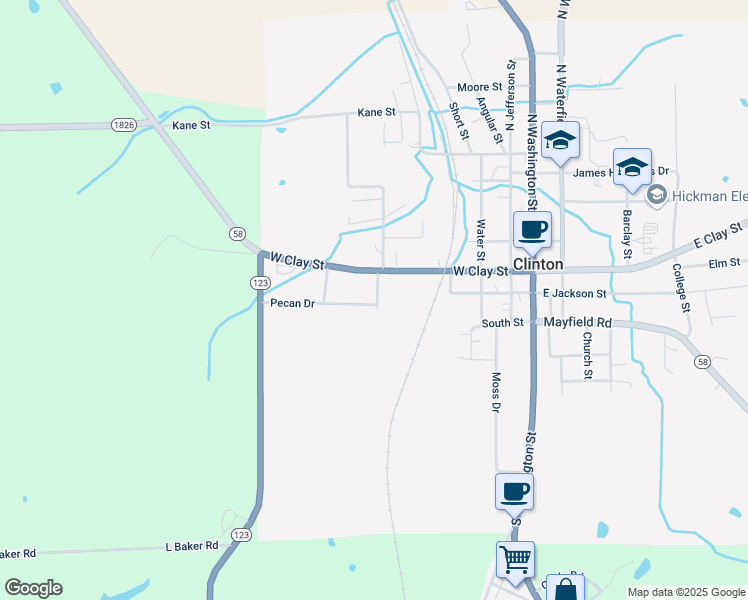 map of restaurants, bars, coffee shops, grocery stores, and more near 410 Pecan Drive in Clinton