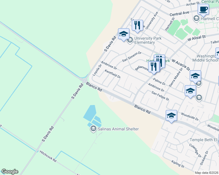 map of restaurants, bars, coffee shops, grocery stores, and more near 1135 Orinda Way in Salinas