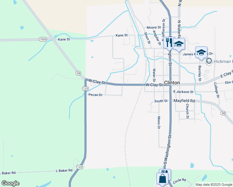 map of restaurants, bars, coffee shops, grocery stores, and more near 410 Pecan Drive in Clinton