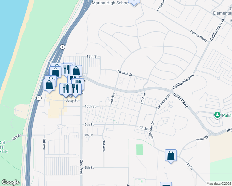 map of restaurants, bars, coffee shops, grocery stores, and more near 5003 3rd Avenue in Marina