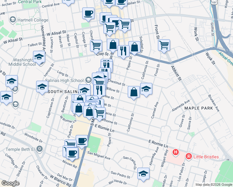 map of restaurants, bars, coffee shops, grocery stores, and more near 40 Willow Street in Salinas