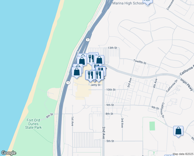 map of restaurants, bars, coffee shops, grocery stores, and more near 133 General Stilwell Drive in Marina