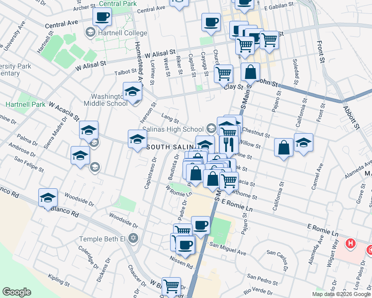 map of restaurants, bars, coffee shops, grocery stores, and more near 120 West Acacia Street in Salinas