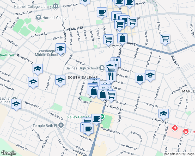 map of restaurants, bars, coffee shops, grocery stores, and more near 55 Geil Street in Salinas