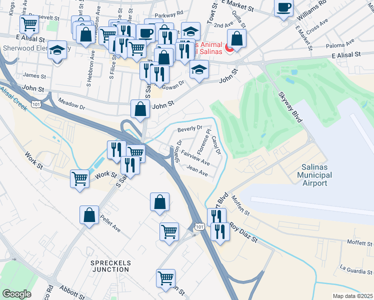 map of restaurants, bars, coffee shops, grocery stores, and more near 1 Barbara Place in Salinas