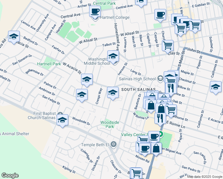 map of restaurants, bars, coffee shops, grocery stores, and more near 918 Iverson Street in Salinas