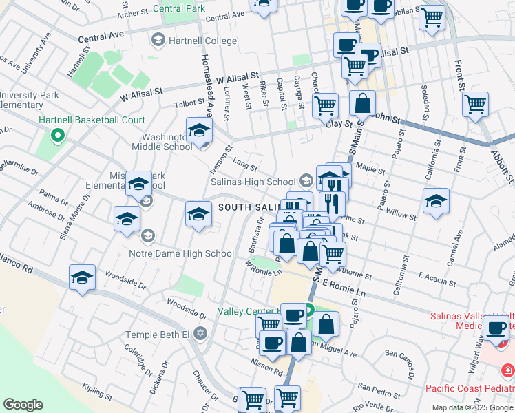 map of restaurants, bars, coffee shops, grocery stores, and more near 798 Riker Street in Salinas