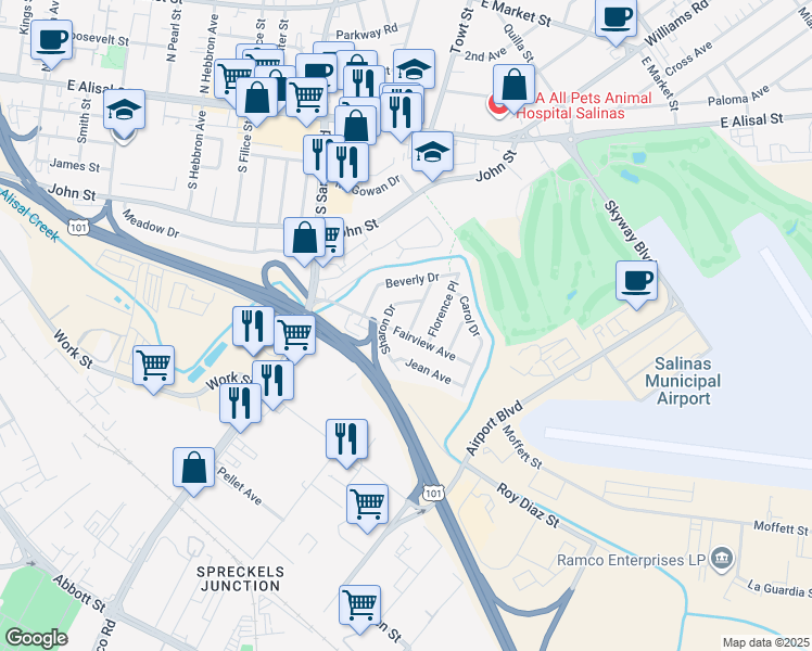 map of restaurants, bars, coffee shops, grocery stores, and more near 1 Barbara Place in Salinas