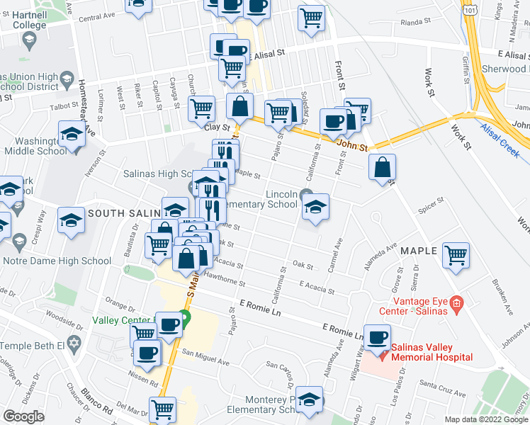 map of restaurants, bars, coffee shops, grocery stores, and more near 103 Willow Street in Salinas