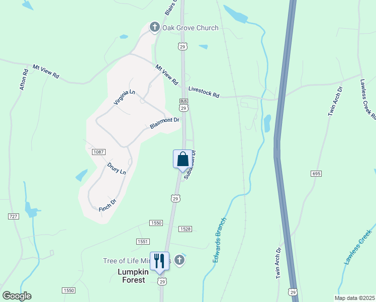 map of restaurants, bars, coffee shops, grocery stores, and more near 4047 Suburban Drive in Danville