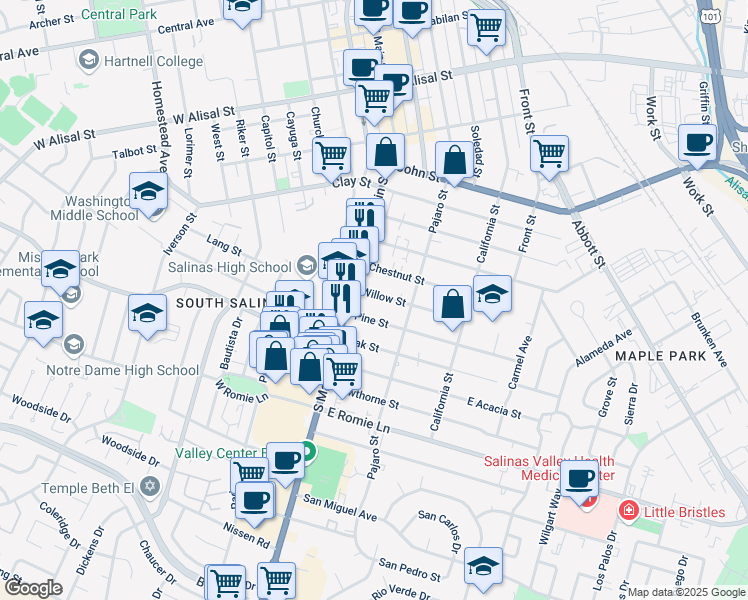 map of restaurants, bars, coffee shops, grocery stores, and more near 22 Willow Street in Salinas